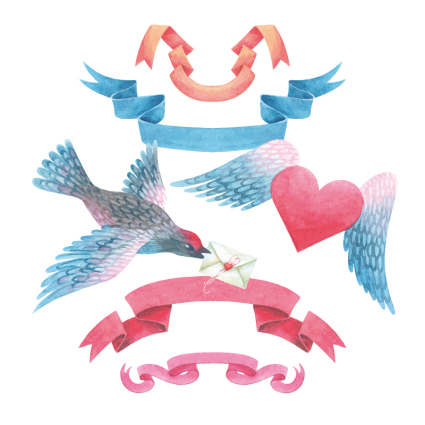 4 color watercolor ribbon banners vector material
